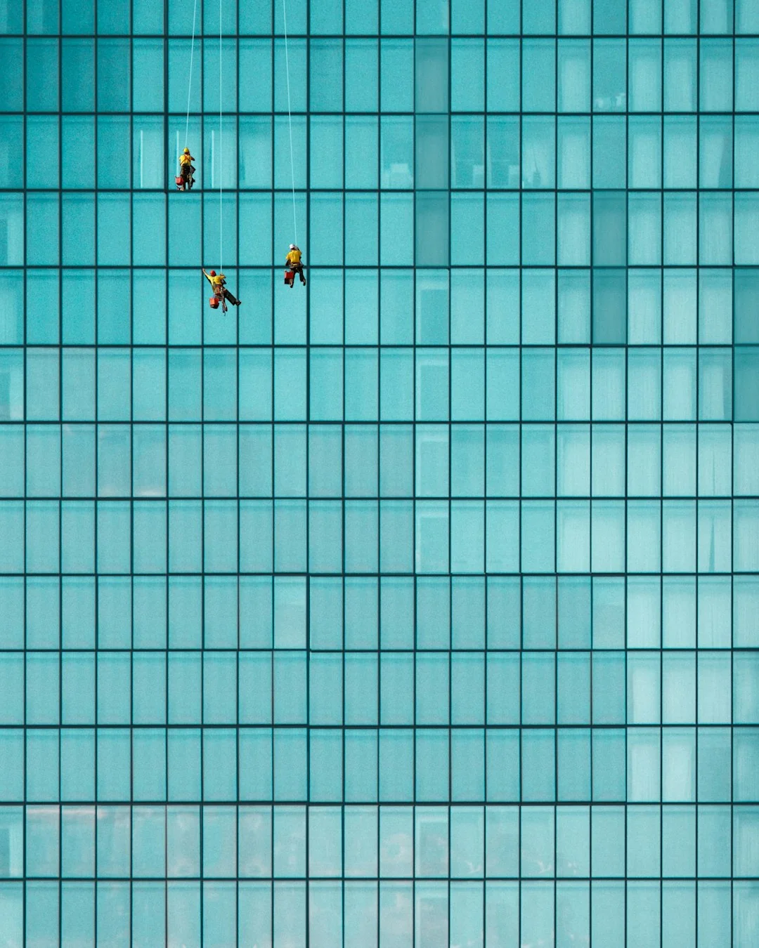 Trois laveurs de vitres suspendus à des cordes nettoient, en plein jour, la façade vitrée d’un immeuble moderne.